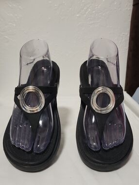 CROCS Black Thong Sandals with Silver Ring Accent